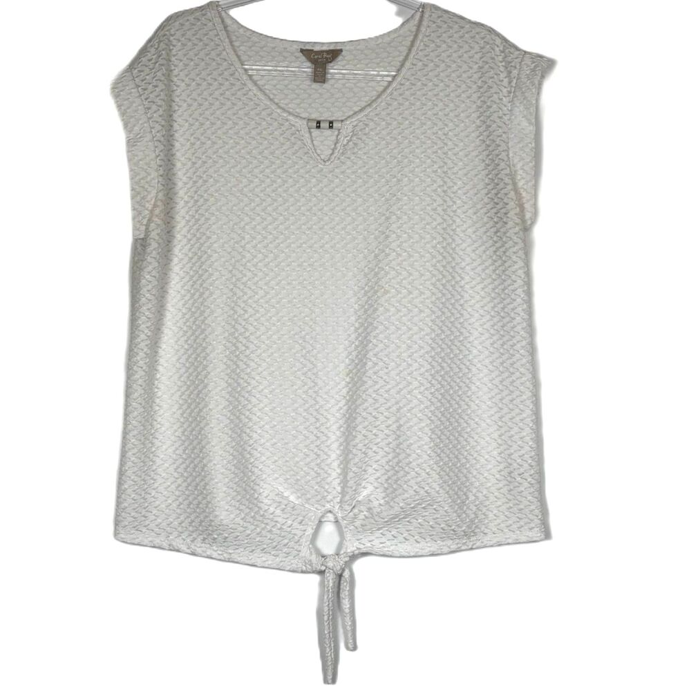 Coral Bay Petite PXL White Keyhole Top Beaded Tie Front Textured Knit Blouse